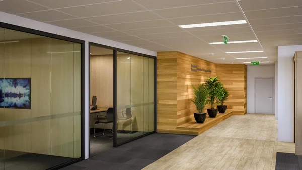 Interior passage featuring timber-clad arbours with integrated lighting at QBuild Southport office