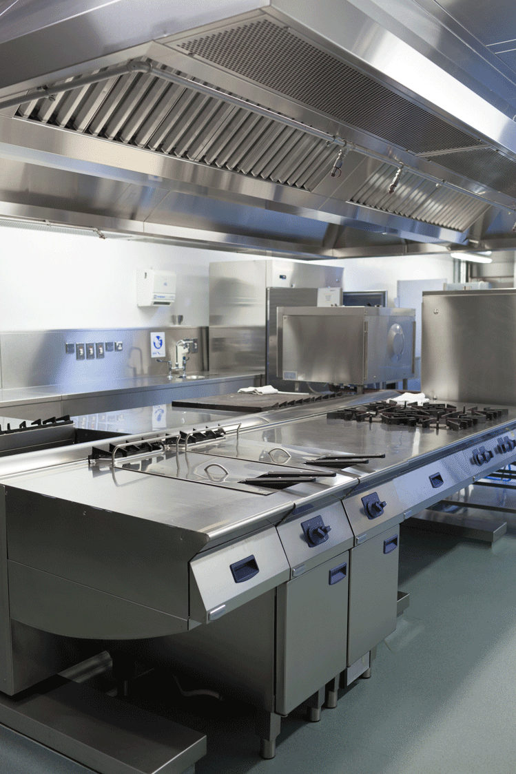 A vibrant commercial kitchen scene featuring a cooktop, oven, and a variety of metal appliances, showcasing advanced industrial design and the artistry of contemporary metallurgy.