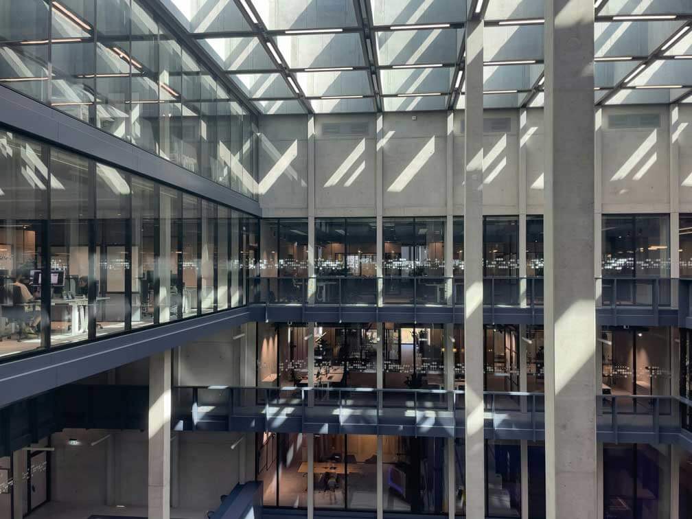 Modern commercial atrium with flexible workspace design